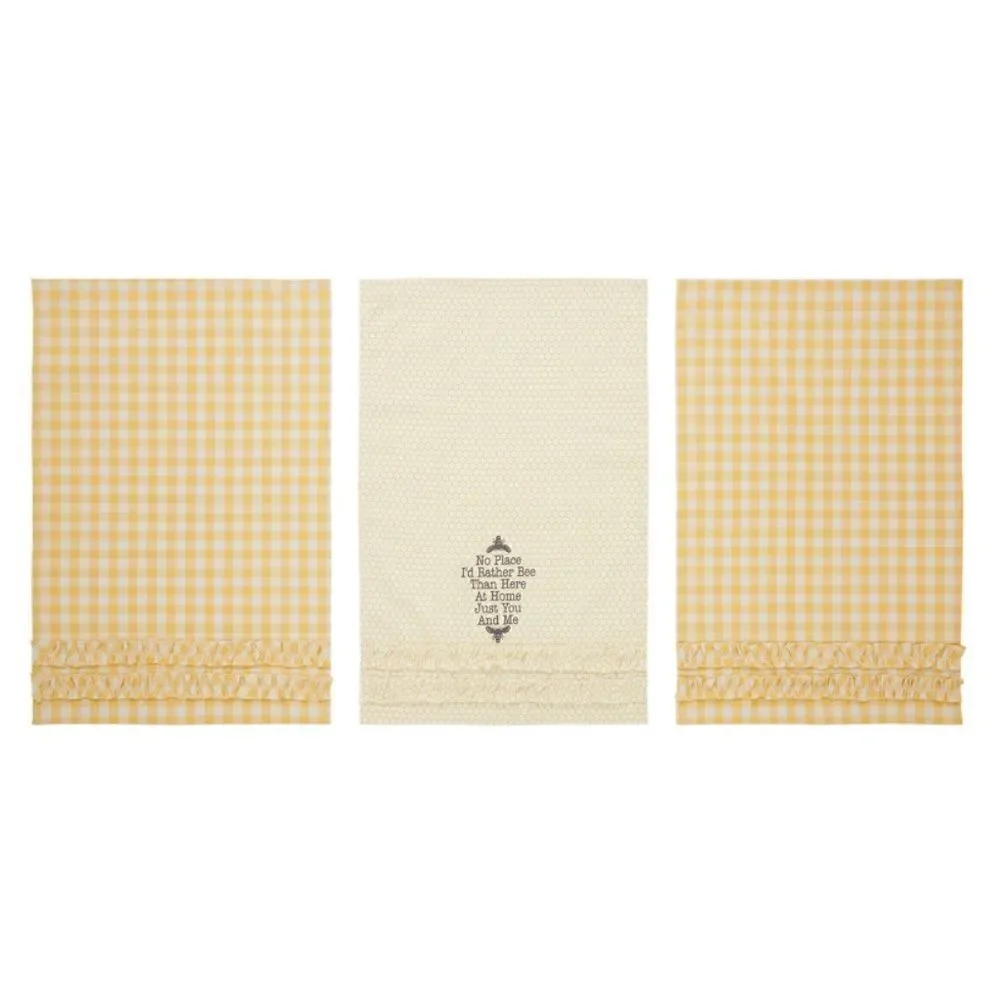Honey Bee Cotton Ruffled Tea Towel Set of 3 Farmhouse Sunny Yellow Plaid
